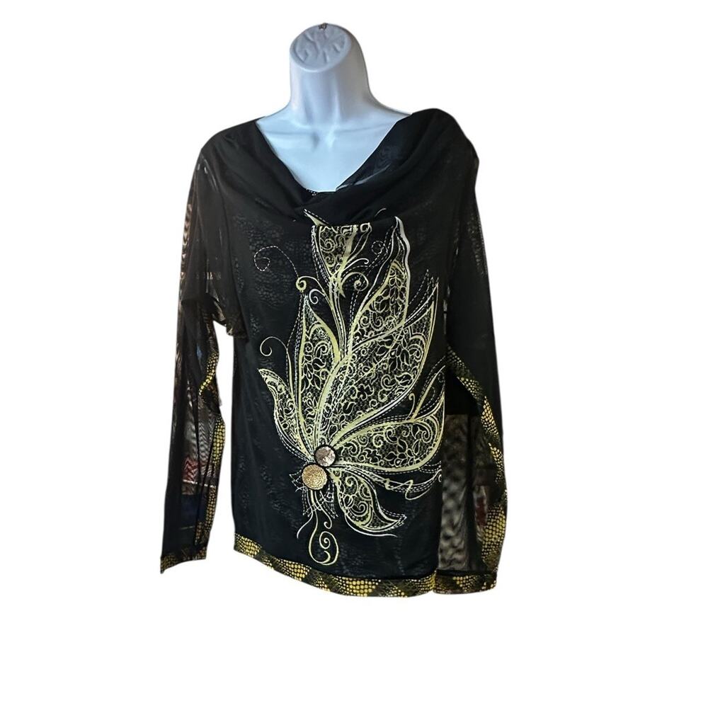 ANAC Designed by Kimi Y2K Sheer Mesh Cowl Neck Gold Print Top L